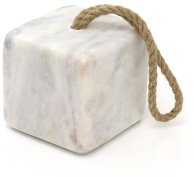 3kg Square White Marble Doorstop | Natural Marble Cube Weighted Door Stopper for Floor | Heavy Duty Marble Door Stop with Handle - 10cm