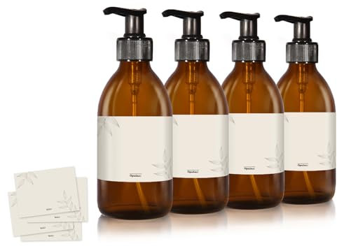 Oputec 4 x 250ml Seifenspender aus Glas + Etiketten: Extra sparsam bis -70% - Shampoo Flaschen zum Befüllen als Handseife-Spender, Pumpspender, Pumpflasche Braunglas für Küche Badezimmer