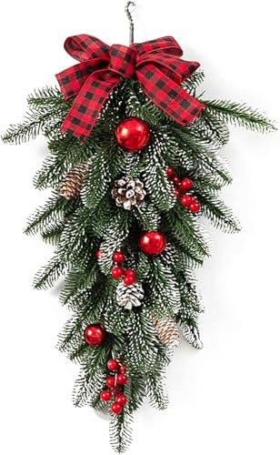 Weihnachtsgirlande in Tropfenform mit Schleife, rote Beeren, Winternadeln, grüne Zedern-Girlande für Innen- und Außenbereich, Wand- und Türdekoration, Grün