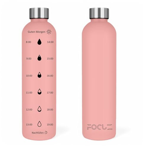 Focuz - Botella motivacional de 1 l [rosa] con marca de tiempo motivadora, botella de 1 l, 1 litro, antigoteo, sin BPA, apta para lavavajillas, apta para ácido carbónico