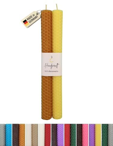 Wachsmann Candele di cera d'api arrotolate a mano, 100% cera d'api, set da 2 pezzi, in molti colori, prodotte in Germania
