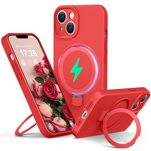 PuyaTeya Liquid Silicone Hülle für iPhone 14 mit Magnetisch Ring Ständer, Upgraded Kameraschutz Mil-Grade Drop Shockproof Anti-Scratch Microfiber Lining Silikon hülle(Rot)