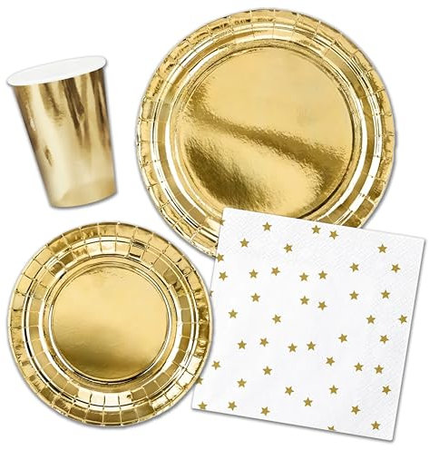 Decoraparty Kit de vajilla dorada para 6 invitados, decoración de mesa dorada desechable para 6 personas para Año Nuevo Navidad celebración 6 platos grandes, 6 platos pequeños, 20 servilletas y 6