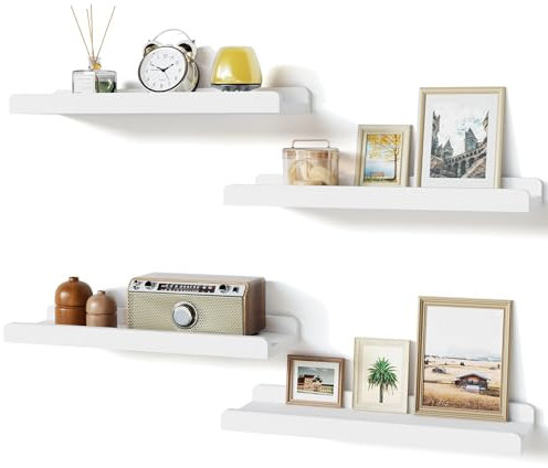 Love-KANKEI Wandregal Weiß Holz Regal Wand, Bilderleiste 4er Set Schweberegal Regale für Wände 40cm, Wandregal Küche Wandboard Wall Shelf für Schlafzimmer Wohnzimmer Badezimmer