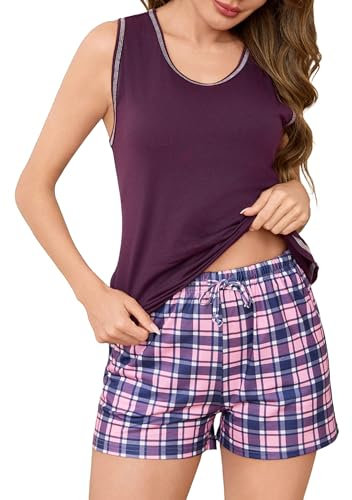 Bresdk Pyjama Femme 2 Pièce Coton Ete Ensemble de Pyjama Short à Carreaux T-Shirt sans Manches Vêtements de Nuit, Violet foncé (Plaid), M