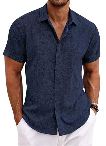 PADOLA Chemise Lin Homme Manches Courtes Boutonnée Chemisette Homme Chemises d'été Unie Chemise de Plage en Coton Coupe Régulière Tee Shirt Décontracté Chemiser (4 Bleu Marine, XL)
