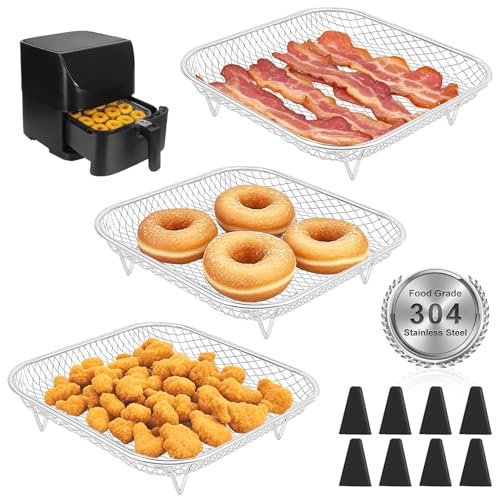 Airfryer Zubehör für COSORI Heißluftfritteuse 5,5L/6,4L, Russell Hobbs XXL 8L, 20cm (Diagonale: 25,5cm) Stapelbare Gitter für Heißluftfritteuse, 304 Edelstahl Heißluftfritteuse Körbe Eckig
