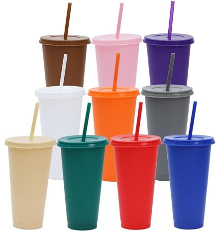 EazyBreezy 10 Pcs Reusable Plastic Cups with Lids & Straws Colored Tumblers Party Tumbler Cup for Cold Drinks Smoothie - 10 Colors, 700ml
