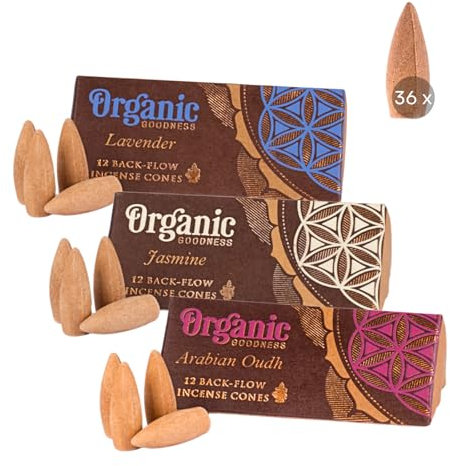 36 x Organic Goodness Rückfluss-Räucherkegel aus natürlichen Zutaten | 3 Sorten, je 12 Kegel, Wasserfall Effekt aus Indien (Lavendel, Jasmine, Arabian Oudh)