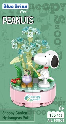 BlueBrixx Pro 108604 – Snoopy Garten „Hortensien im Topf“ aus Klemmbausteinen mit 185 Bauelementen