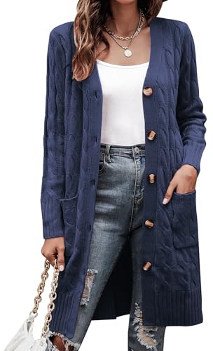 Aottori Strickjacke Damen Lang mit Taschen und Knöpfen Elegant | Cardigan, Grobstrick, Strickcardigan, Strickmantel, Pullover Open Front, Langarm, Casual, Herbst Winter