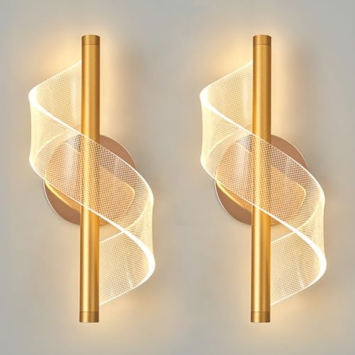 DLGLOLIN Lot de 2 Applique Murale LED Moderne, Or Lampe Murale Intérieur, Acrylique Luminaire Mural Pour Chambre Salon Couloir Escalier, 3000K Lumière Chaude