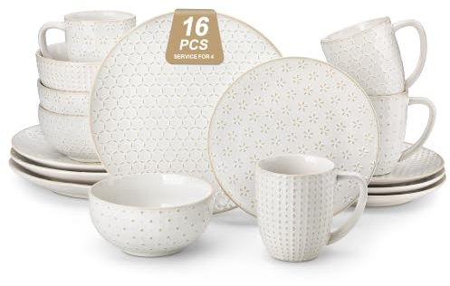 MALACASA LYDIA Geschirrset 4 Personen, Kaffeeservice 16-tlg Steingut Relief