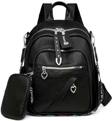 JANSBEN Leder Rucksack Damen Klein, Elegant Cityrucksack Modern Anti-Diebstahl Tagesrucksack Backpack Women Wasserdicht Mini Damenrucksack 2 in 1 für Lässig Schule Reise Arbeit Schwarz