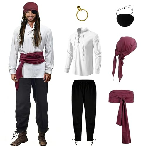 Bocguy Déguisement Pirate Homme - Costume Renaissance avec Chemise à Lacets - Ensemble Complet Pantalon, Bandana, Ceinture, Cache-œil et Boucles d'Oreilles pour Carnaval, Halloween (Blanc, L)