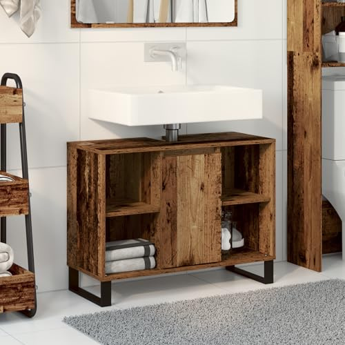 ZQQLVOO Badezimmer-Waschtisch Altes Holz Spanplatte Mittel Rustikaler Charme mit Verwitterter Oberfläche und Viel Stauraum Robuste Spanholz Metall Konstruktion für Praktikabilität