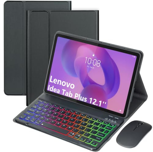 EHLCYS Keyboard Case for Lenovo Idea Tab Plus 12.1-inch/Tab K12 2025 Model (TB361ZU/TB361FU), 7-Color Backlit Magnetic Detachable Bluetooth Keyboard, Ultra-Thin Protective Cover and Mouse,Schwarz