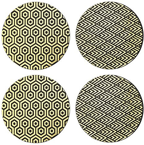 Geome Deco Placemats, Round, Leather Effect, Black & Gold - Set of 4