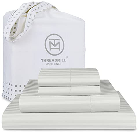 Threadmill Home Linen California-King Bettwäsche, 100 % natürliche Baumwolle, Fadenzahl 600, 4-teiliges Damast-Bettwäsche-Set, luxuriöse ELS gekämmte gestreifte Laken mit elastischer tiefer Tasche