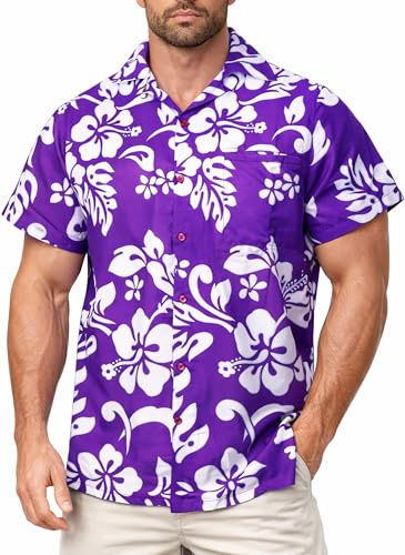 King Kameha Herren Hawaiihemd Kurzarm – Sommer Aloha Shirt mit Hibiskus-Print, leicht und pflegeleicht