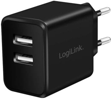 LogiLink PA0210 Fast Charging - USB Steckdosenadapter (2x USB-A, 12W) für Smartphones/Tablets/MP3-MP4 Player/eBooks/Navi/etc. mit Überlade-, Tiefentlade-, Überlast- und Kurzschlussschutz, schwarz