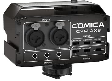 Comica CVM-AX3 Audio Mixer Adapter with 3.5mm/XLR/6.35mm Inputs and Stereo/Mono Output Switch,Camera Microphone Preamplifier for Canon Nikon Sony DSLR Cameras Camcorders Video Shooting