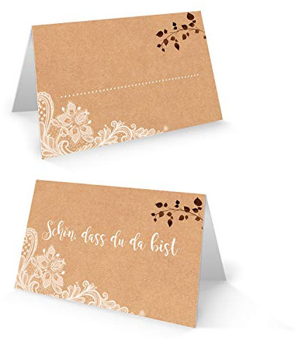 Logbuch-Verlag 50 Tischkarten SCHÖN DASS DU DA BIST Kraftpapier braun Spitze Boho Vintage - Platzkarten beschreibbar Hochzeit Geburtstag Tischdeko