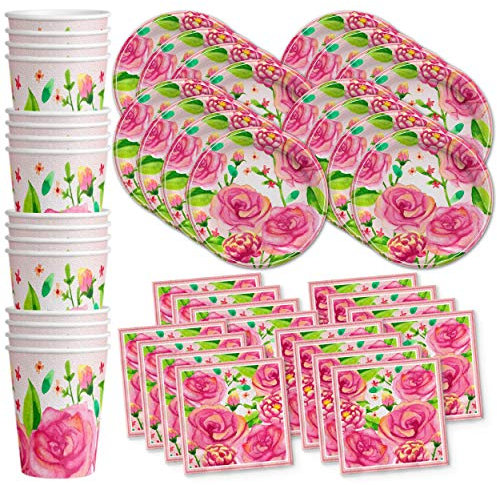 Roses Vintage Floral Birthday Party Supplies Set Plates Napkins Cups Tableware Kit for 16