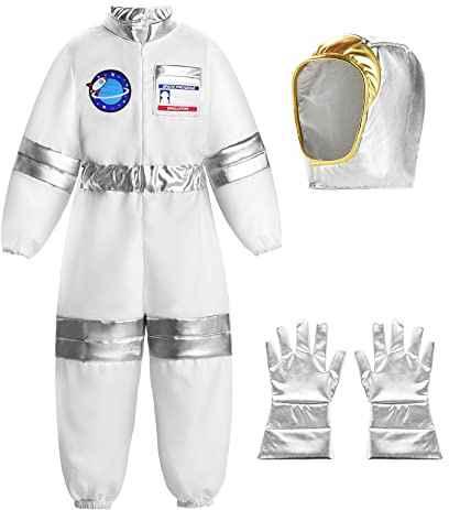 ReliBeauty Astronaut Kostüm Kinder Jumpsuit Onesie Weiß Schwarz mit Mütze Karneval