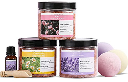 SPA LUXTIQUE SPA SET 8-teiliges rosa Himalaja Badesalz Geschenkset, mit ätherischem Öl, Badebomben, Holzschaufel, revitalisieren und beruhigen die Haut