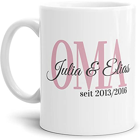 Tasse - Oma seit - zum selbst Gestalten mit Kindernamen und Geburtsjahren - Geschenk für die beste Oma - Keramiktasse, Weiß Glanz, 300 ml