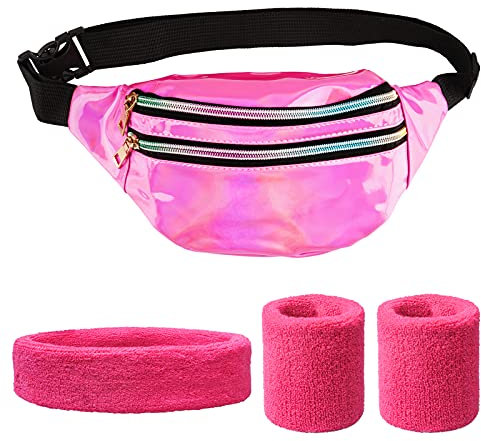 BETESSIN 80er Jahre Damen Outfit Set - inkl. Rosenrote Bauchtasche und Neon-Pinke Schweißbänder - Kostüm Accessoires für 1980er Mottoparty, Neon Party, Karneval, Fasching, Fastnacht UVM.