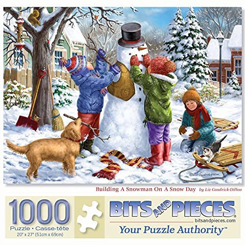 Bits and Pieces - Puzzle für Erwachsene, 1000 Teile, 51 x 69 cm, Bauen eines Schneemanns am Schneetag, Schnee-Wintertag-Puzzle von Künstler Liz Goodrick-Dillon
