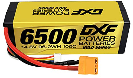 DXF 4s lipo 14,8 V 6500 mAh 100C LIPO Akku Hardcase XT90 Anschluss – 4s Lipo Akku Ultimate Power für RC 1/8 Buggy Truggy Car, passend für Emaxx, Bandit, Rustler & mehr! 1 Packung