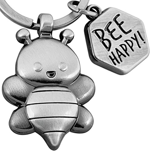 LANOLU Schlüsselanhänger Biene Bee Happy, Mutmacher Geschenk, Glücksbringer Schlüsselanhänger Glück, Gärtner Geschenke, Schlüsselanhänger Partner, Hummel Biene Anhänger als Metall Figur