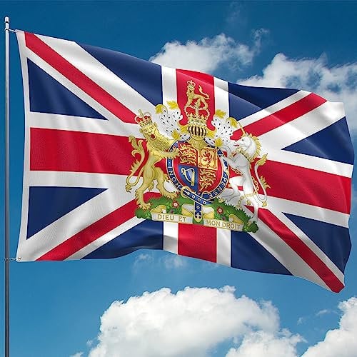 Union Jack Flagge - Britische Flagge - UK-Flagge mit königlichem Wappen - Doppelseitiger Digitaldruck - 110Den Dickes Polyester - Doppelnaht - 2 Messingösen, Groß 1,5 m x 0,9 m