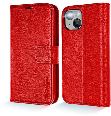 TECHGEAR Wallet Case for iPhone 14, Genuine Leather Magnetic Flip [RFID Blocking] Case with Shockproof TPU Holder, Card Slots, Stand Folio Cover Compatible with iPhone 14 6.1 2022, Red