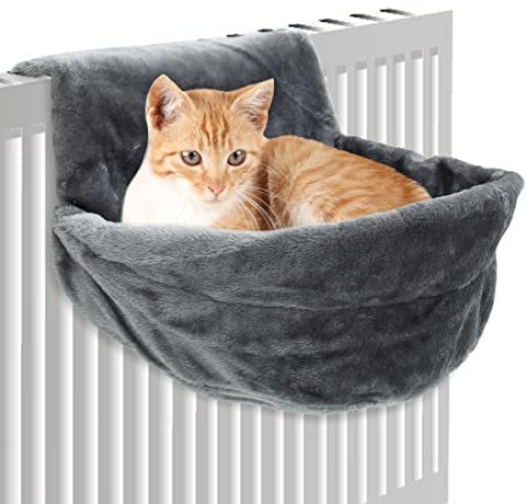 Deluxe Radiator Cat Bed with Strong Iron Frame Round Cosy Warm Fleece Beds Cat Hanging Hammock Style Home Cradle for Small Pets Kitten Puppy Dog(Grey)