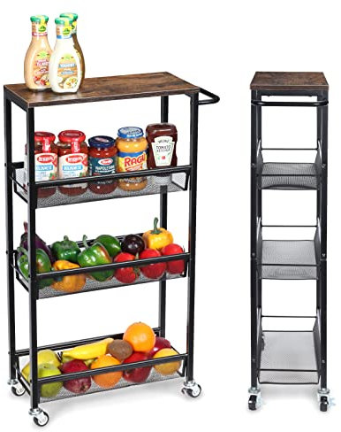 4-Tier Storage Trolley Cart, Slim Storage Trolley, Narrow Storage Unit, Rolling Cart Storage Organizer on Wheels, Mesh Basket Shelf with Handles for Office Bathroom Kitchen Laundry Room