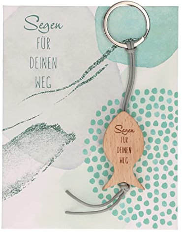 Butzon & Bercker Schlüsselanhänger Unisex mit grauem Lederband und Holz-Anhänger, mit christlichem Symbol Fisch oder Engel - in Geschenkverpackung; Maße 4,3 x 15 cm (Fisch | Segen für deinen Weg)