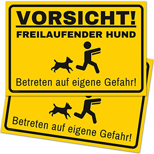 2er Set Vorsicht Hund Schild (30 x 20 cm) - Warnung vor dem Hund Schilder - Schild Hund Warnung aus hochwertigem Kunststoff - Hundeschilder Warnung - Gelb