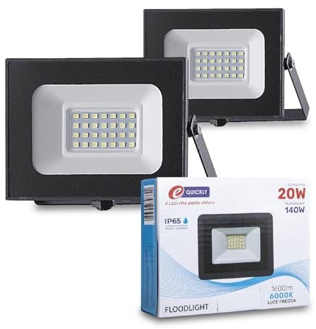 E-QUICKLY faretti LED da esterno - 20W, potente proiettore da 1600 lumen, faretto led da esterno con luce bianca fredda 6000K, faro LED grado di impermeabilità IP65, faretti da giardino 220V, 2 PZ