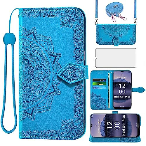 Asuwish Handyhülle für Nokia G11 Plus Hülle mit Band und Glas Folie Schutzfolie Kartenfach Klappbar Leder Geldbörse Ständer G 11 G11+ G11Plus Handy Hüllen Mandala Schutzhülle Cover Phone Case Blau