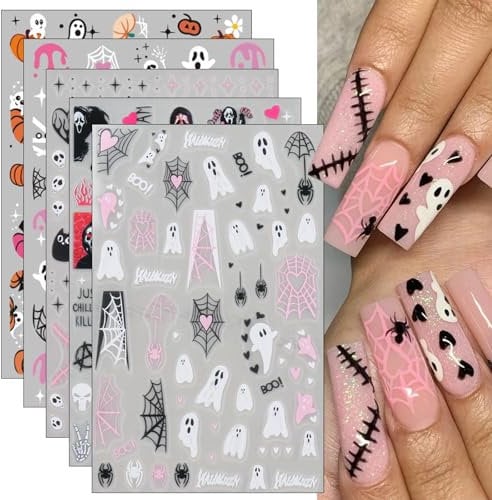Pink Halloween Nail Stickers, 10 Sheets Self-Adhesive Nail Decal Ghost Skull Witch Spider Pumpkin Nail Art Decoration Design Supplies