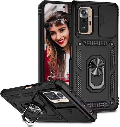 POUHYE Funda para Xiaomi Redmi Note 10 Pro/Note 10 Pro MAX Carcasa Original, Silicone TPU + PC Rugged Bumper Case 360° Magnético Anillo Soporte, Cubierta de cámara Deslizante Proteger Carcasa Negro