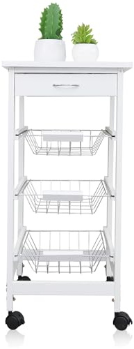 DRULINE Servierwagen Beistellwagen, Weiß, 37x37x76 cm | Multifunktionaler Küchentrolley mit 3 Ebenen, Mobiler Rollwagen aus Holz, Ideal für Küche, Büro, Bad, Aufbewahrungswagen