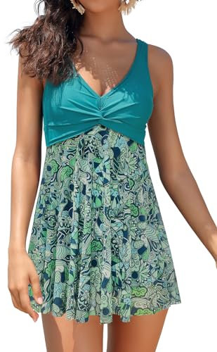 SHEKINI Damen Mesh Einteilige Badeanzug Badekleid Ruched Bauchweg V-Ausschnitt mit Brustpolstern Schwimmkleid Große Größe Baderock Badeanzugkleid (L, Grüner Paisley)