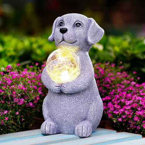 Goodeco Dog Statue Garden Ornaments Solar Powered LED Lights, Outdoor Garden Dogs Figurine With Gazing Solar Ball Dog Decoration For Patio Lawn Yard Decor Gifts for Women/Mom Birthday Grey 19.2cm
