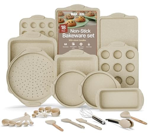 BAKKENMASTER 18-Piece Deluxe Nonstick Carbon Steel Bakeware Set - Professional Kitchen Oven Baking Pans with White Silicone Handles and Accessories