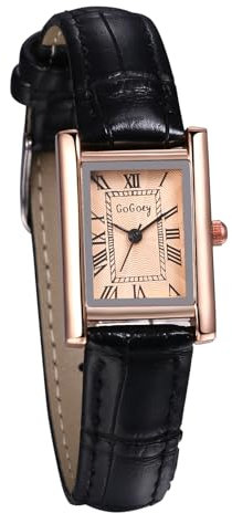 JewelryWe Uhren Damen Leder Rechteckig: Vintage Analog Quarz Armbanduhr Frauen Schwarz Leder Armband Uhr Kleine Damenuhr mit Rosegold Rechteck Römischen Zahlen Zifferblatt